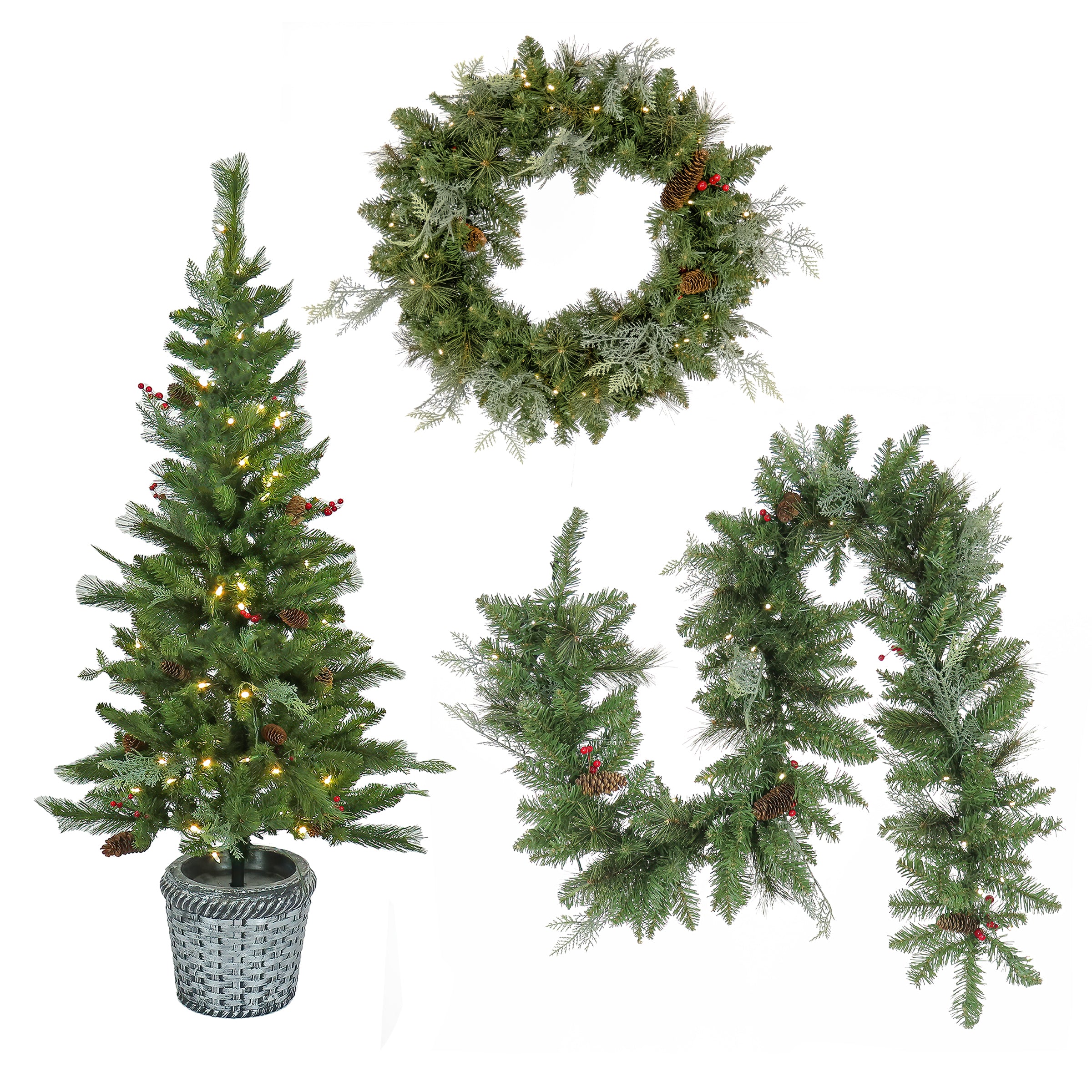Pre-Lit Buzzard Pine Assortment Set of 1 Entrance Tree, 1 Wreath, 1 Garland, Plug-In